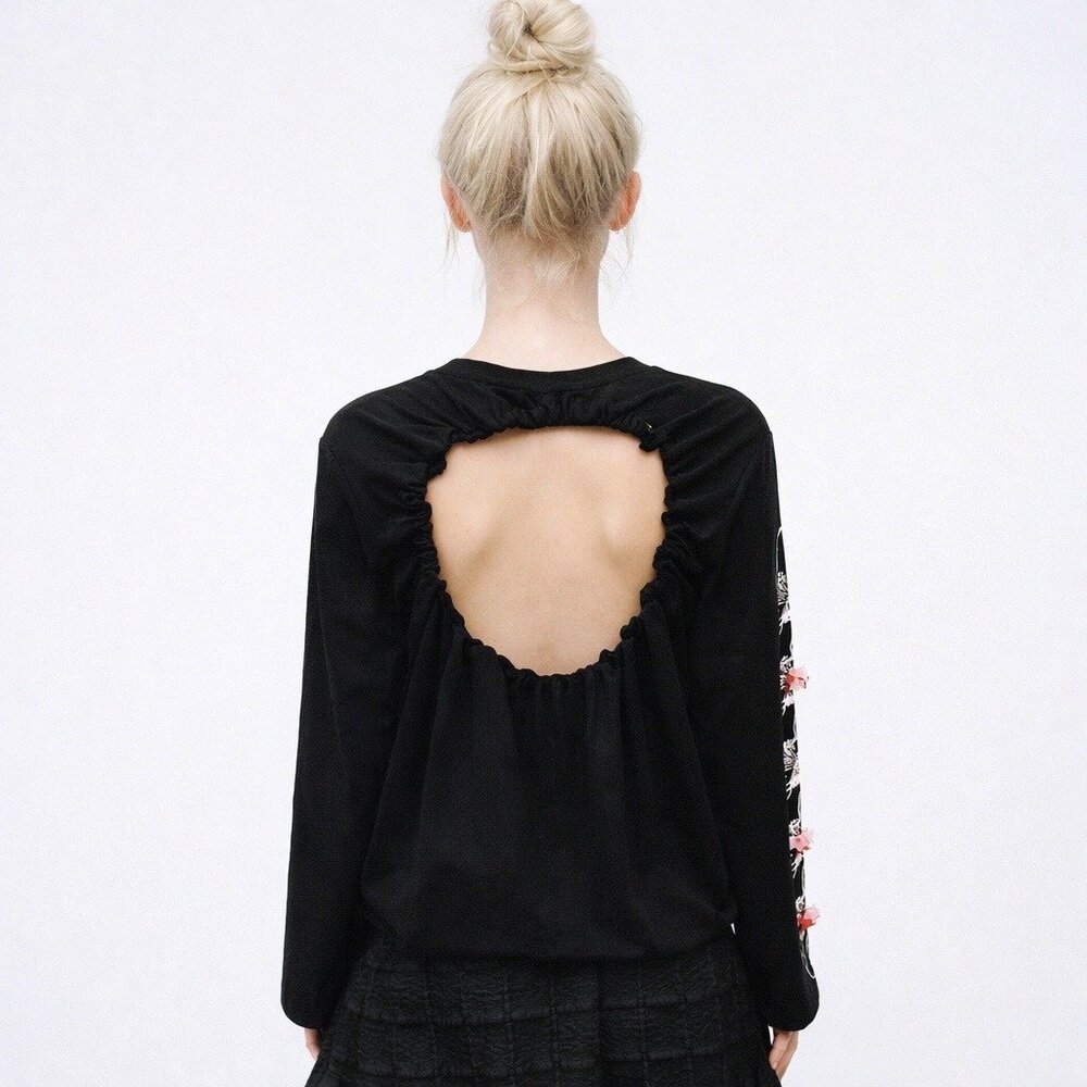 Cecilie Bahnsen Daisy Open-back T-shirt Black Long 4D Flowers Sleeve Blouse 8